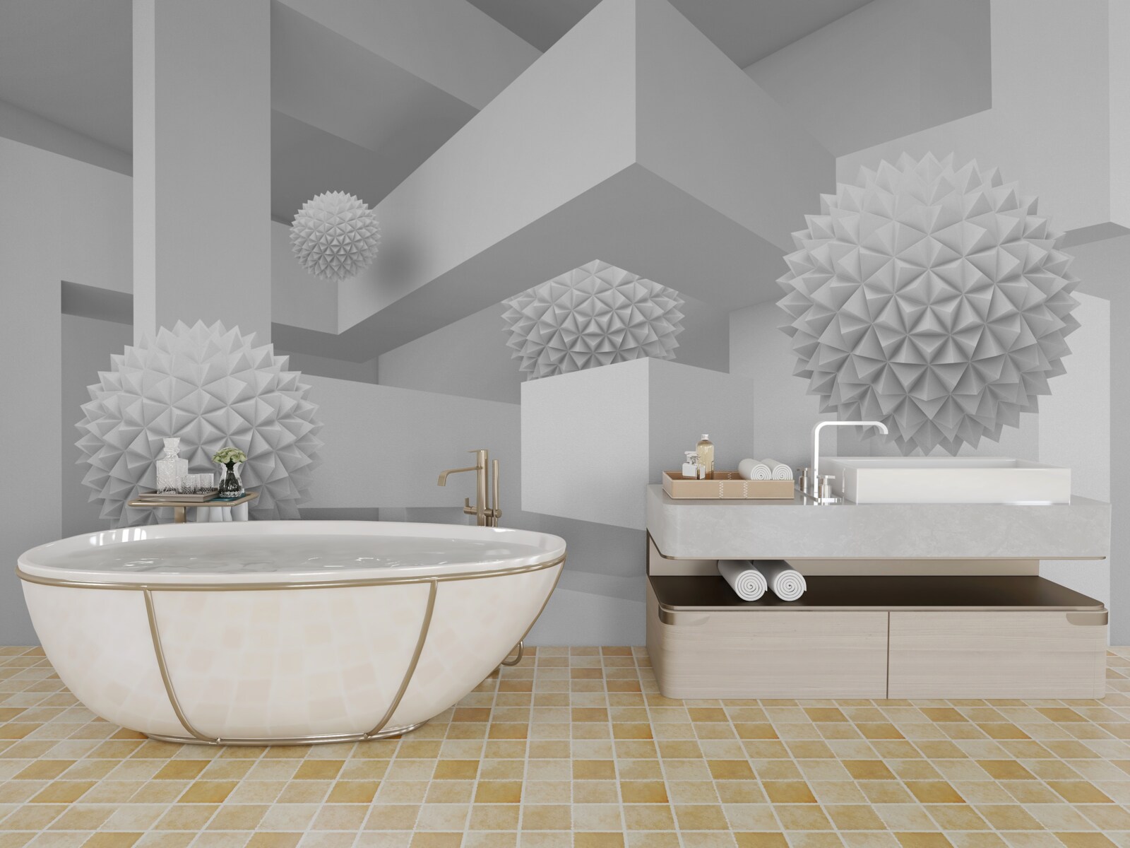 Фотошпалери літаючі сфери в абстрактній геометрії