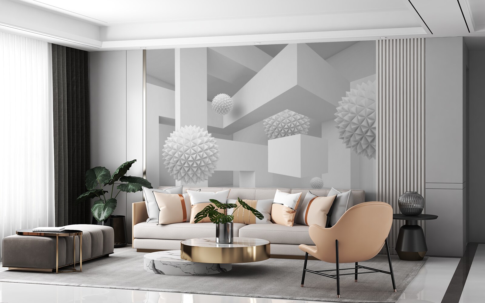 Фотошпалери літаючі сфери в абстрактній геометрії