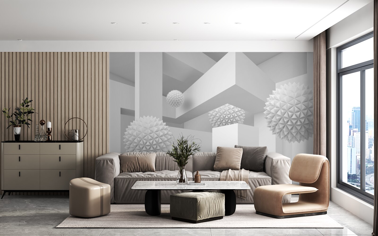 Фотошпалери літаючі сфери в абстрактній геометрії