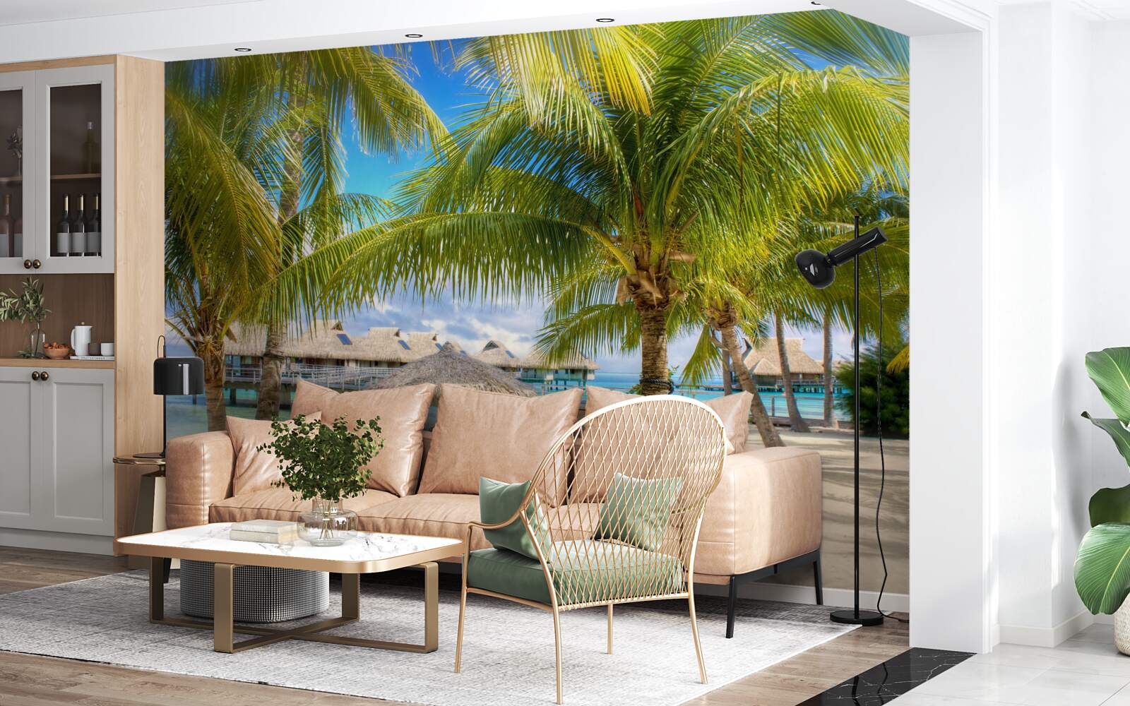 Фотошпалери пишні пальми та альтанки вздовж берега