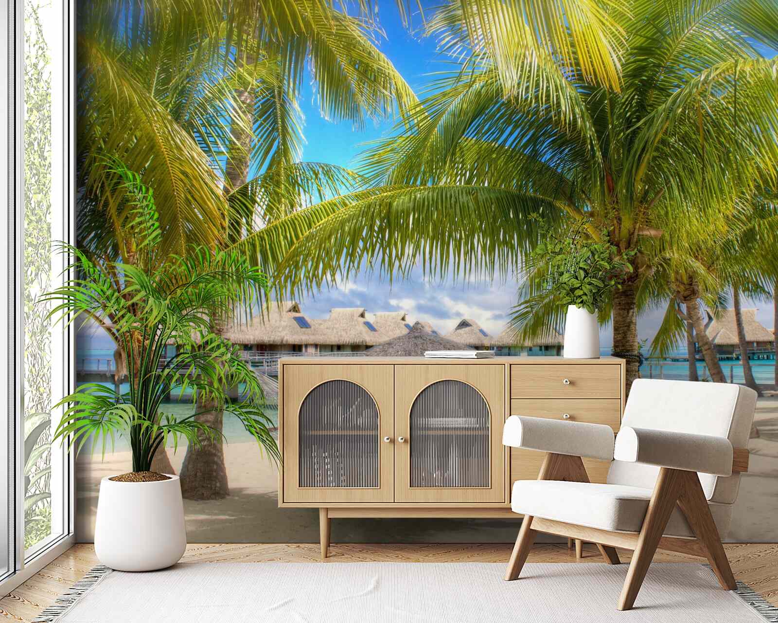 Фотошпалери пишні пальми та альтанки вздовж берега