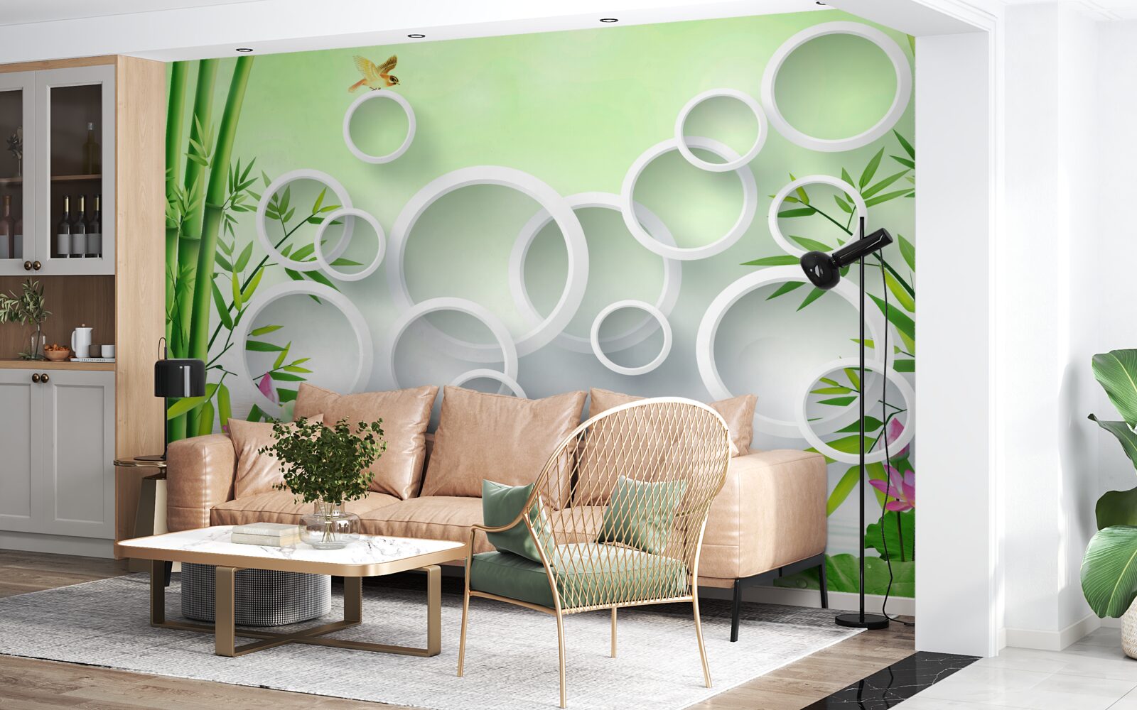 Фотошпалери тонкий зелений бамбук і білі кола
