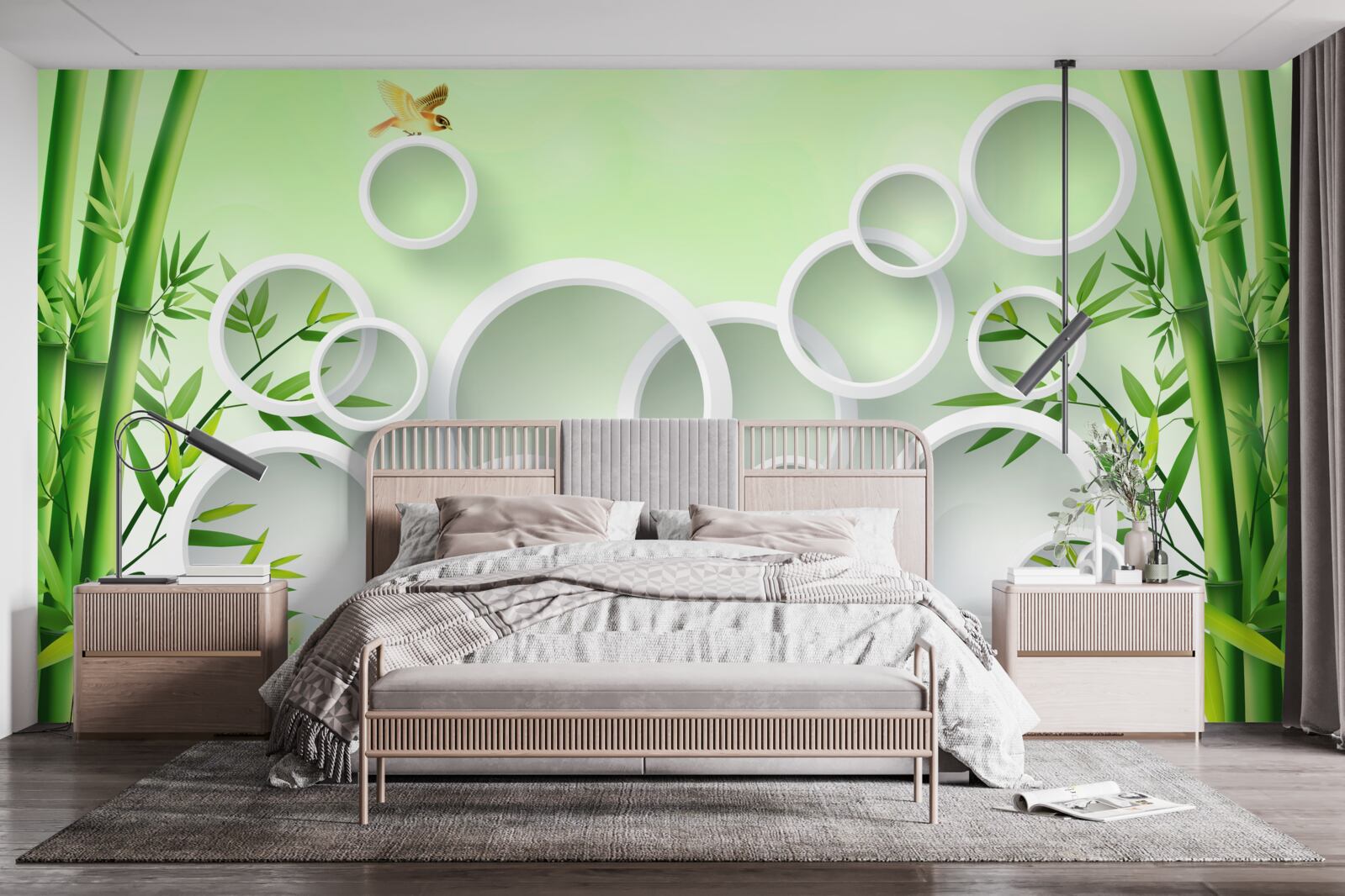 Фотошпалери тонкий зелений бамбук і білі кола