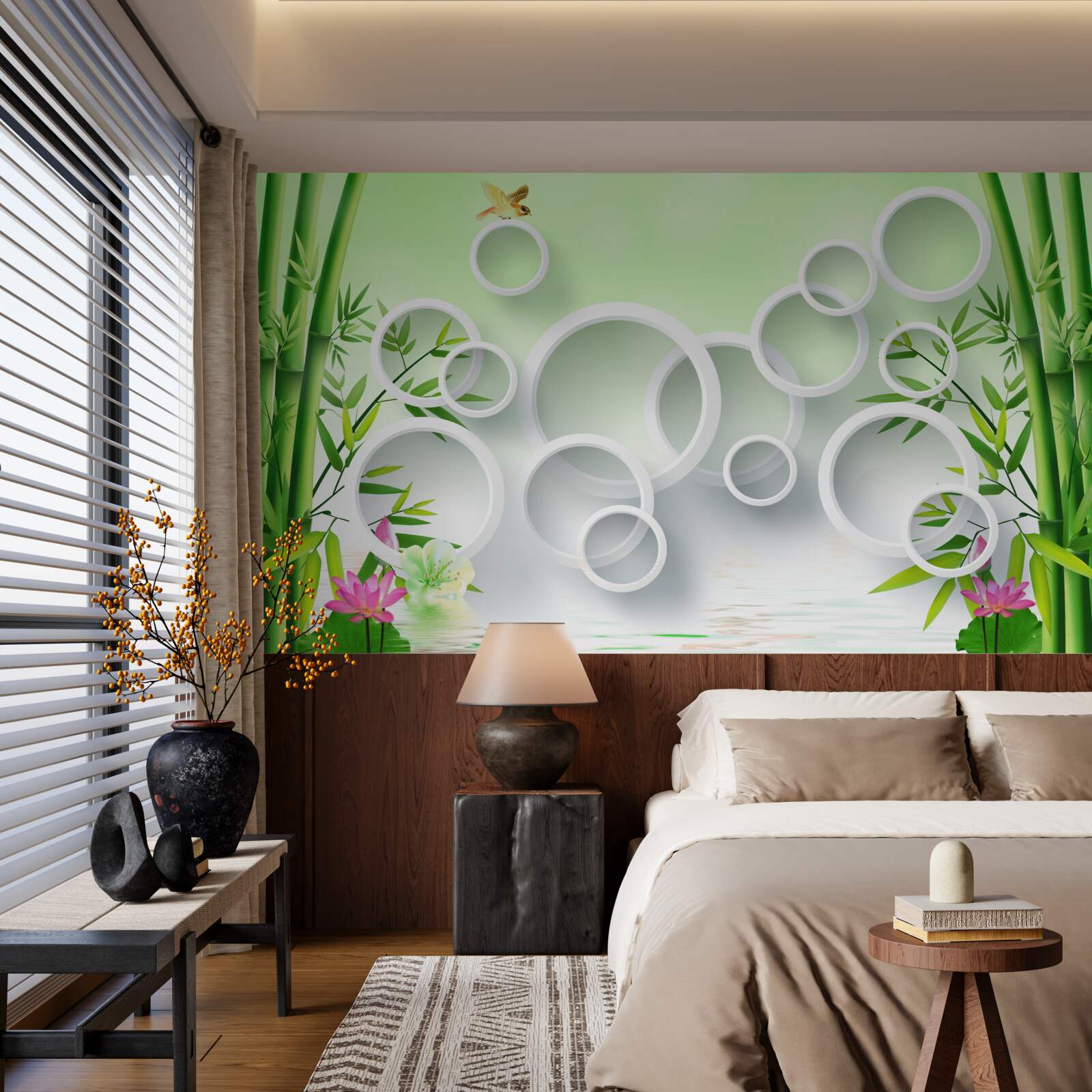 Фотошпалери тонкий зелений бамбук і білі кола