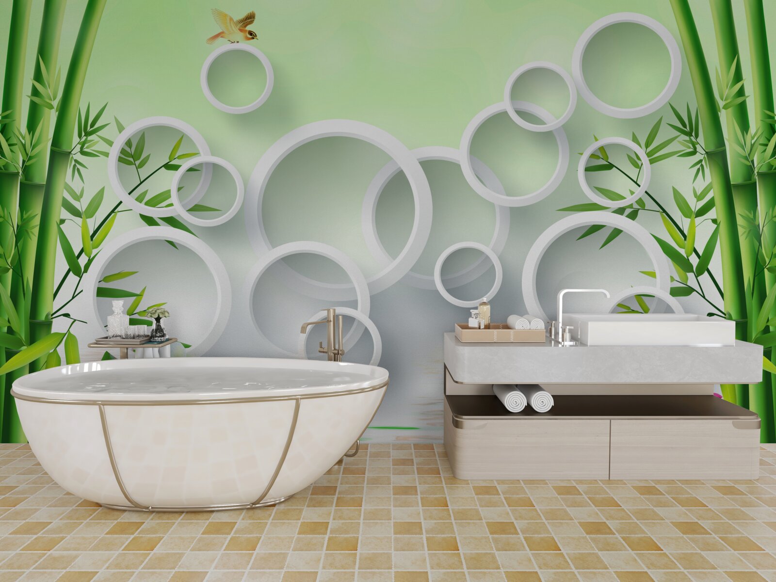 Фотошпалери тонкий зелений бамбук і білі кола