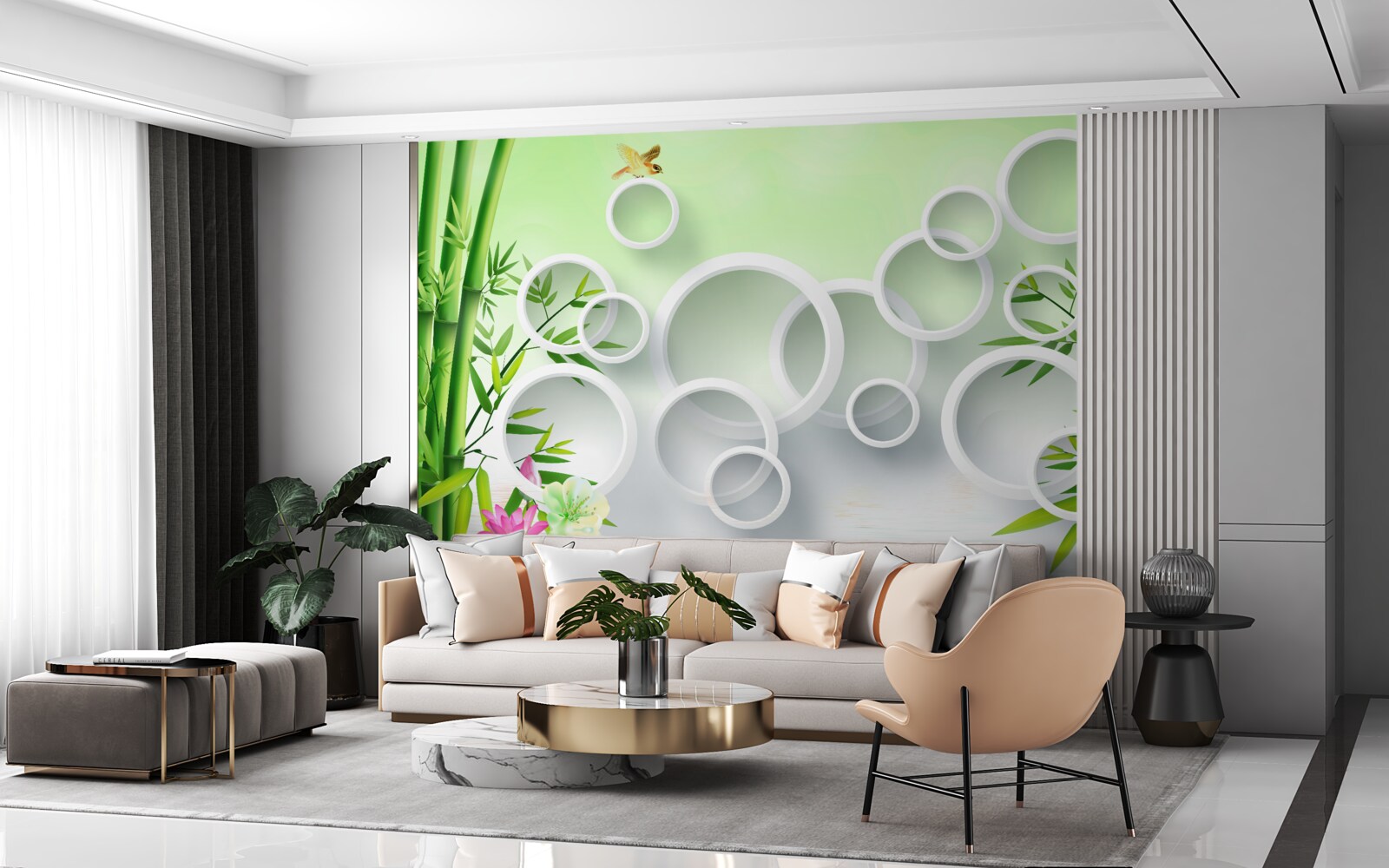 Фотошпалери тонкий зелений бамбук і білі кола