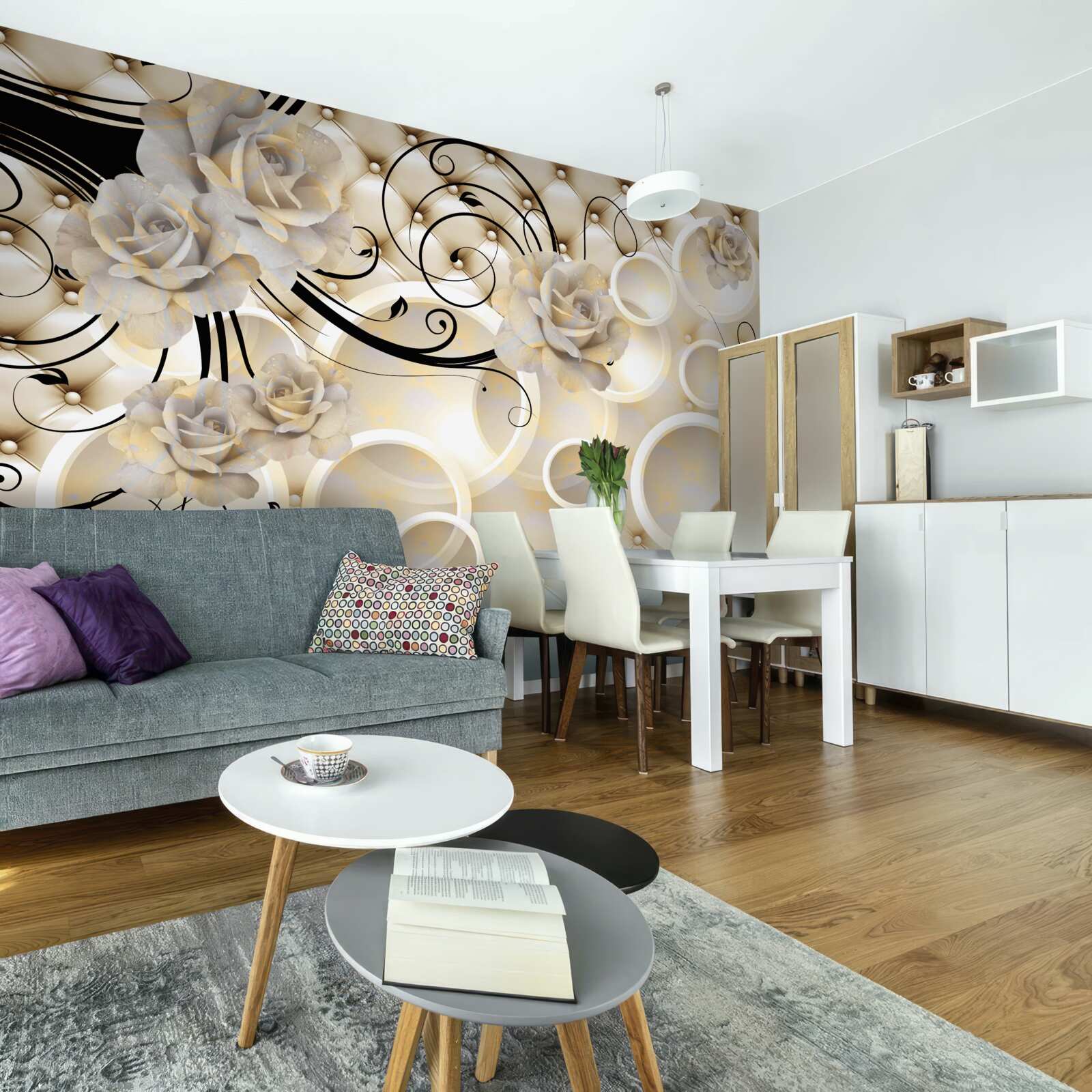 Фотошпалери абстрактні кола та тканини з квітковими мотивами