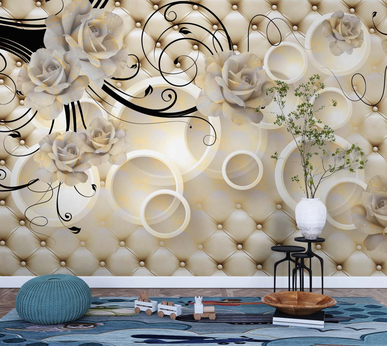 Фотошпалери абстрактні кола та тканини з квітковими мотивами