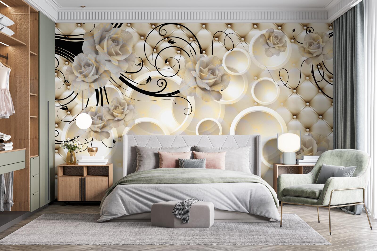 Фотошпалери абстрактні кола та тканини з квітковими мотивами