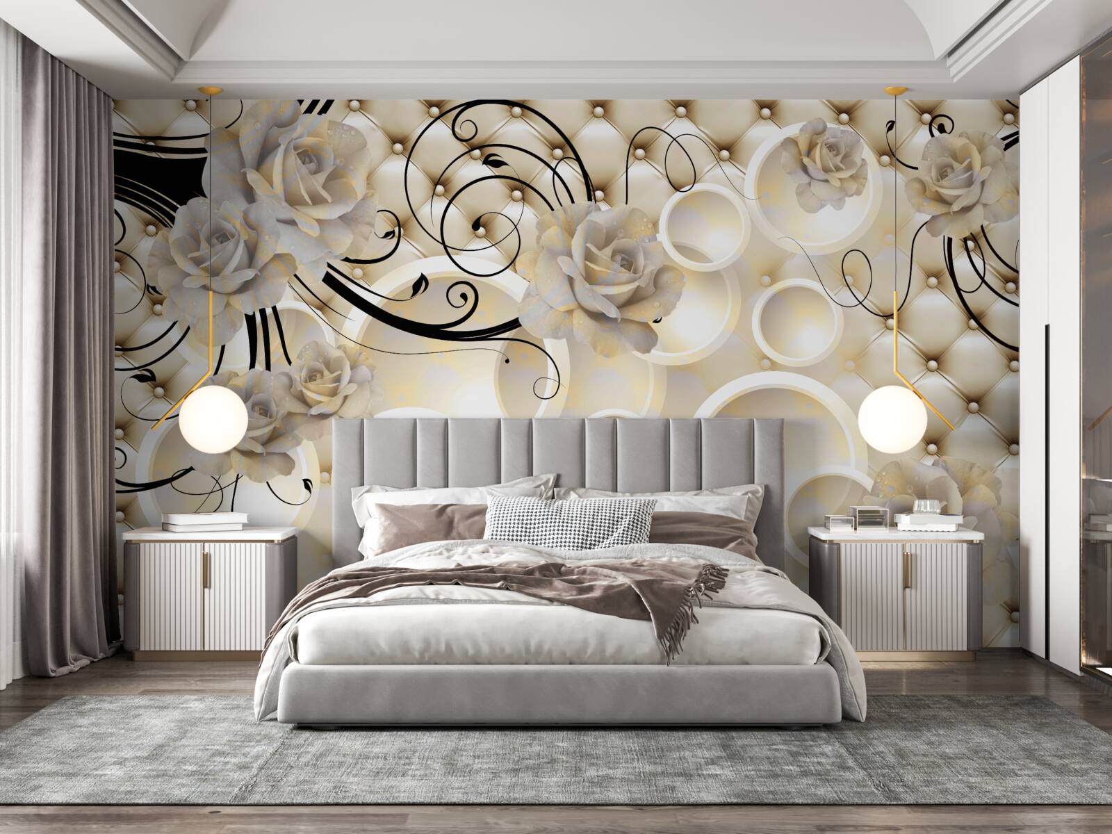 Фотошпалери абстрактні кола та тканини з квітковими мотивами