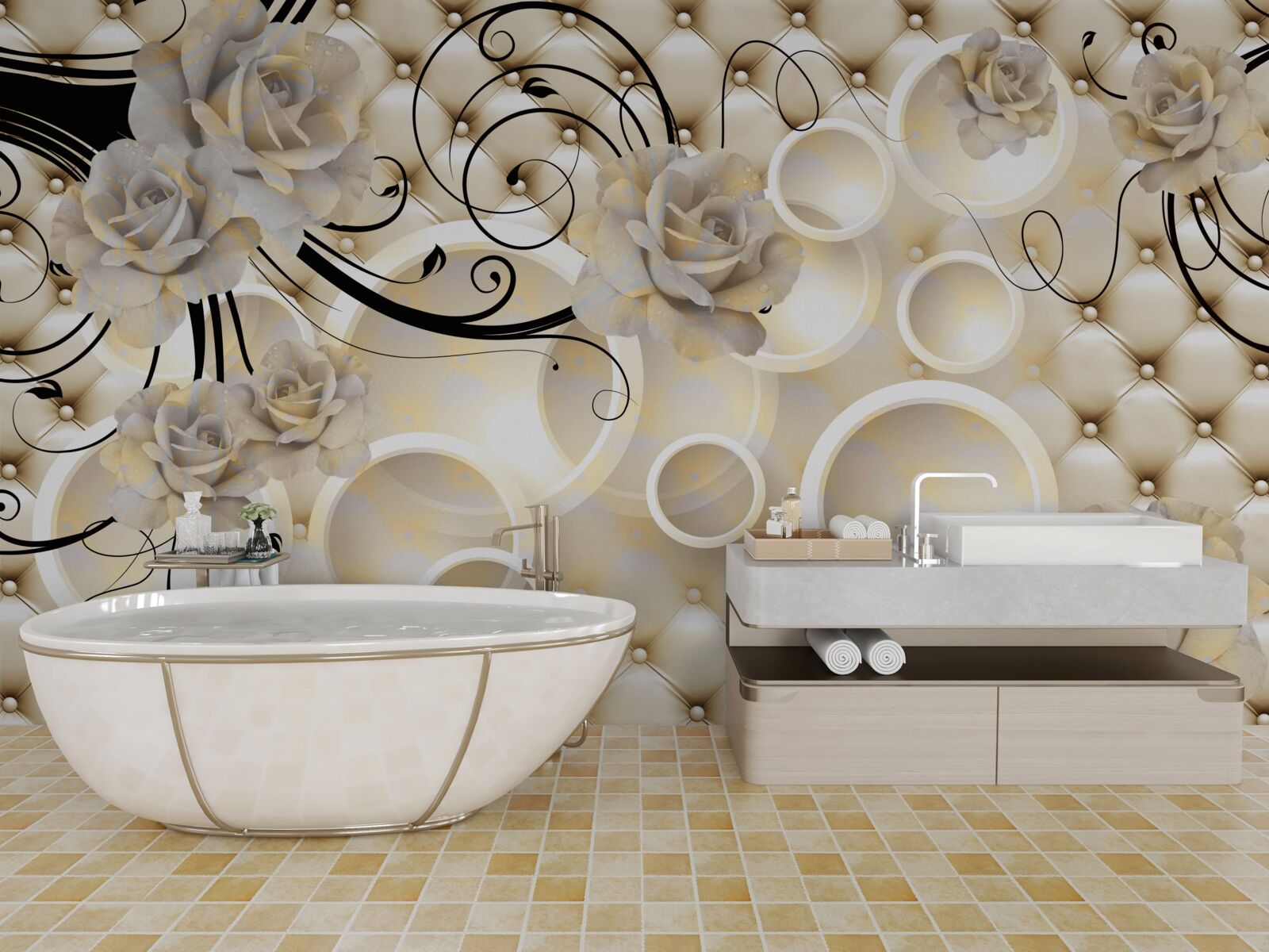 Фотошпалери абстрактні кола та тканини з квітковими мотивами