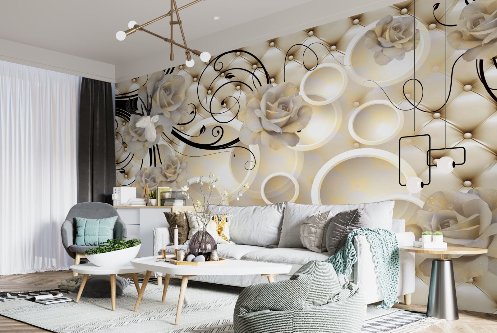 Фотошпалери абстрактні кола та тканини з квітковими мотивами