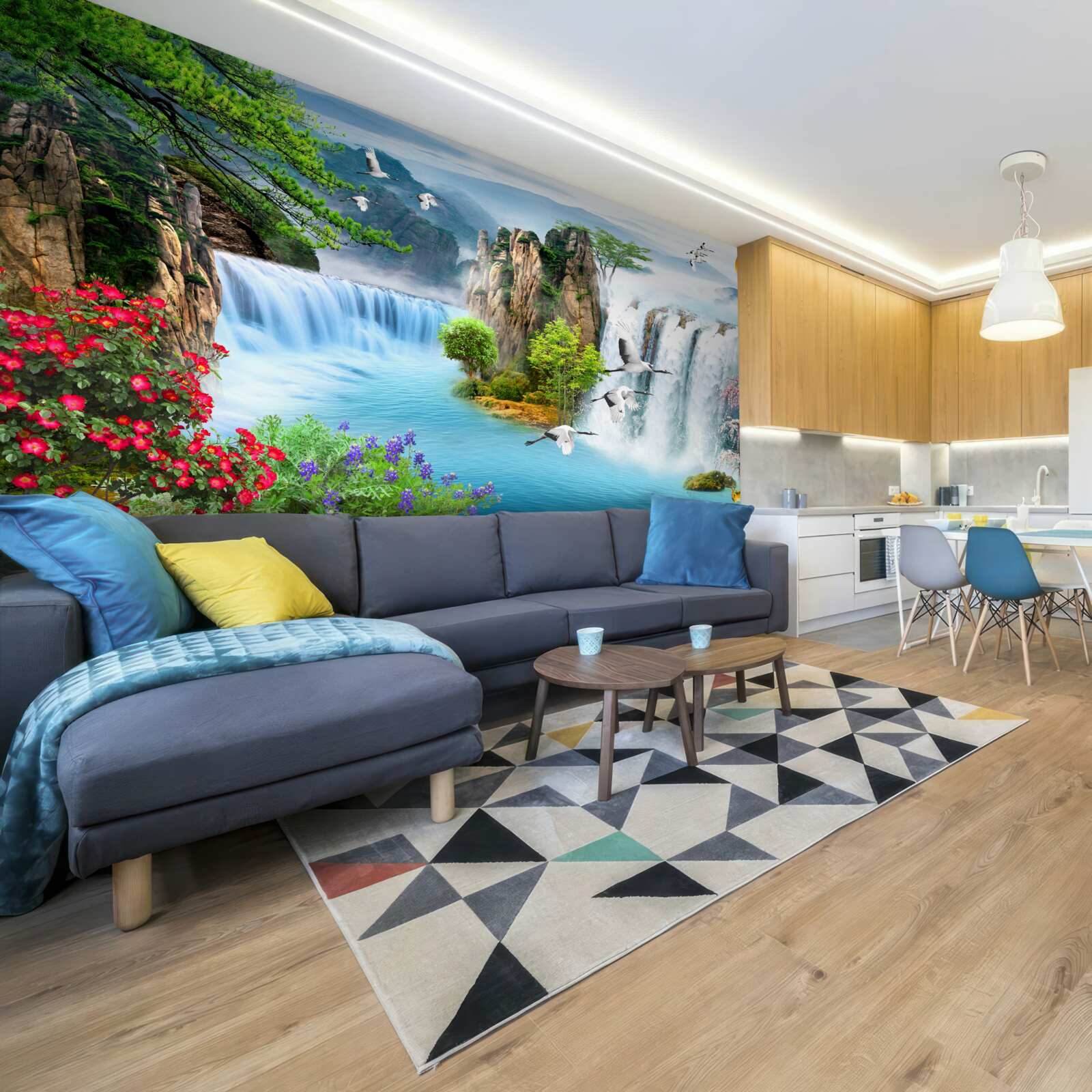 Фотошпалери на зеленому фоні захід сонця висвітлює красиві водоспади