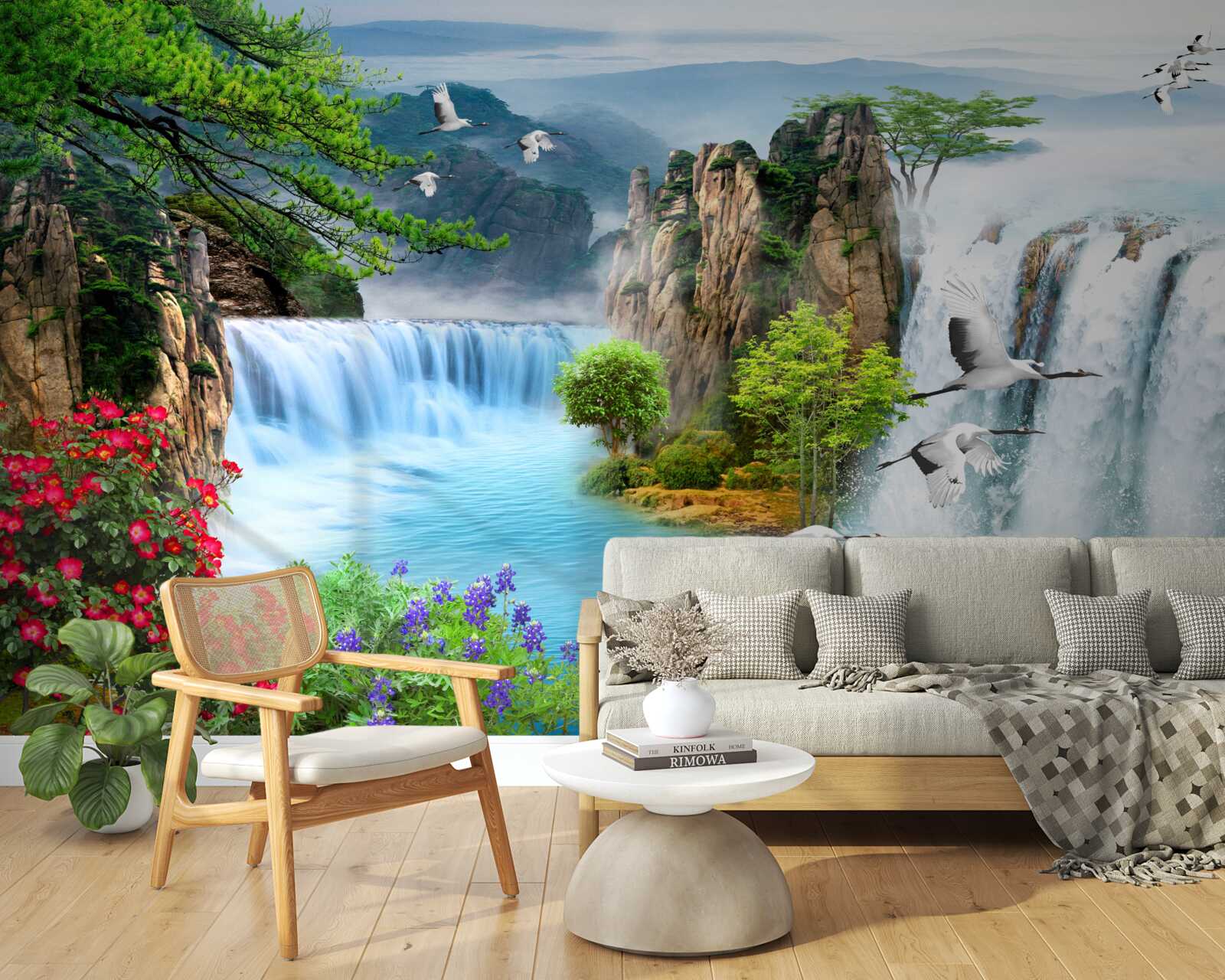 Фотошпалери на зеленому фоні захід сонця висвітлює красиві водоспади