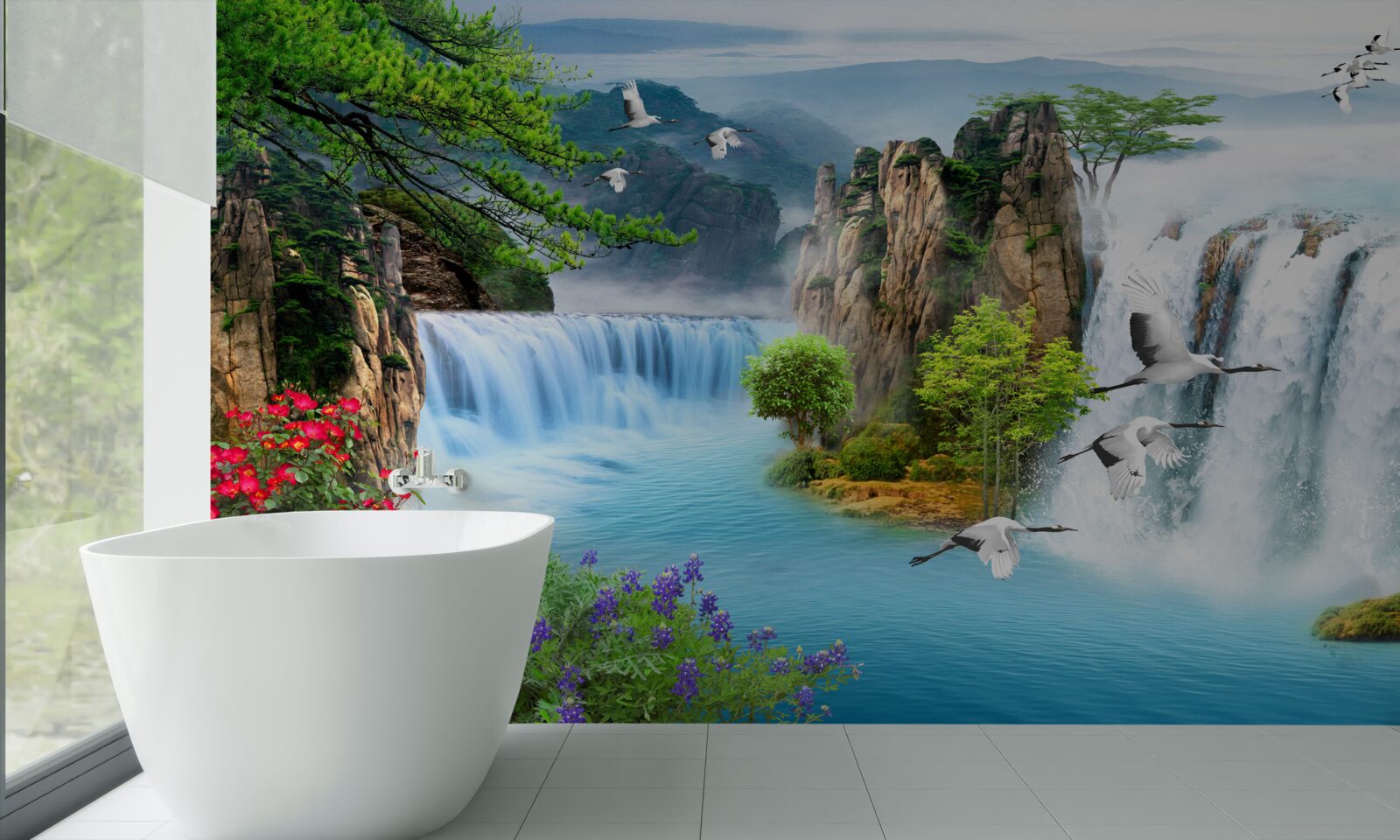 Фотошпалери на зеленому фоні захід сонця висвітлює красиві водоспади