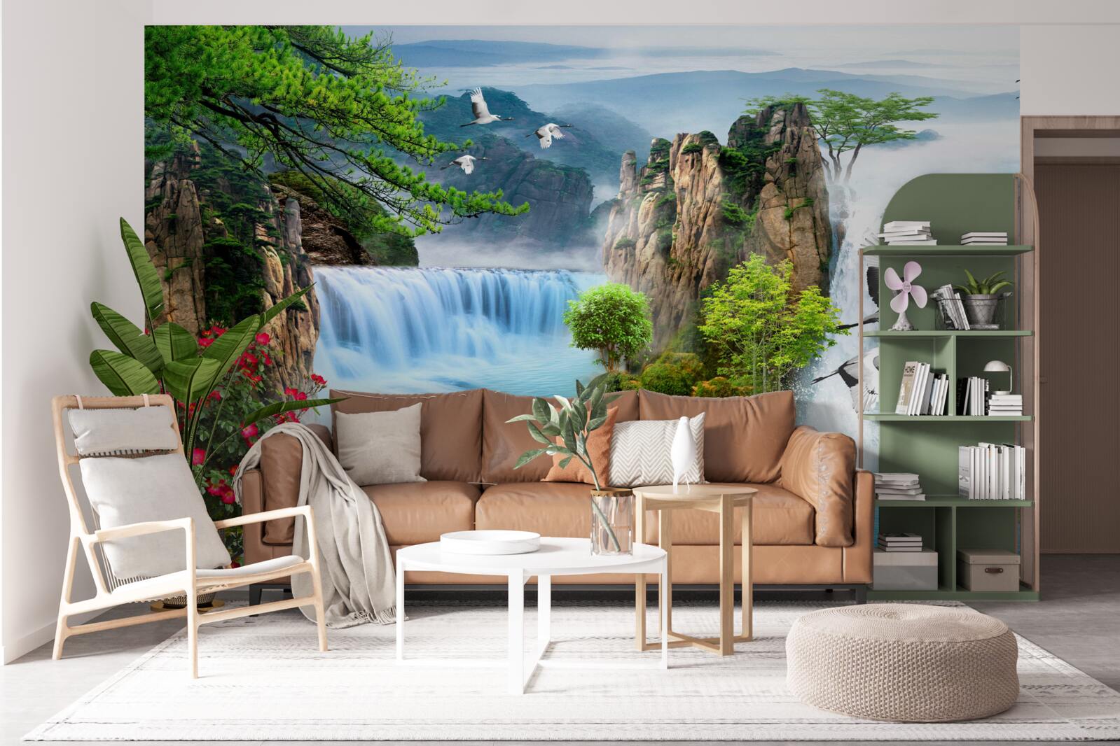 Фотошпалери на зеленому фоні захід сонця висвітлює красиві водоспади