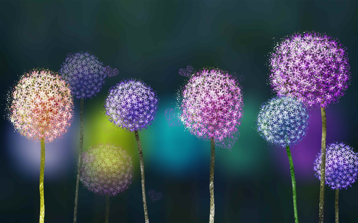 Фотошпалери абстракція кольорових кульбаб під покровом ночі