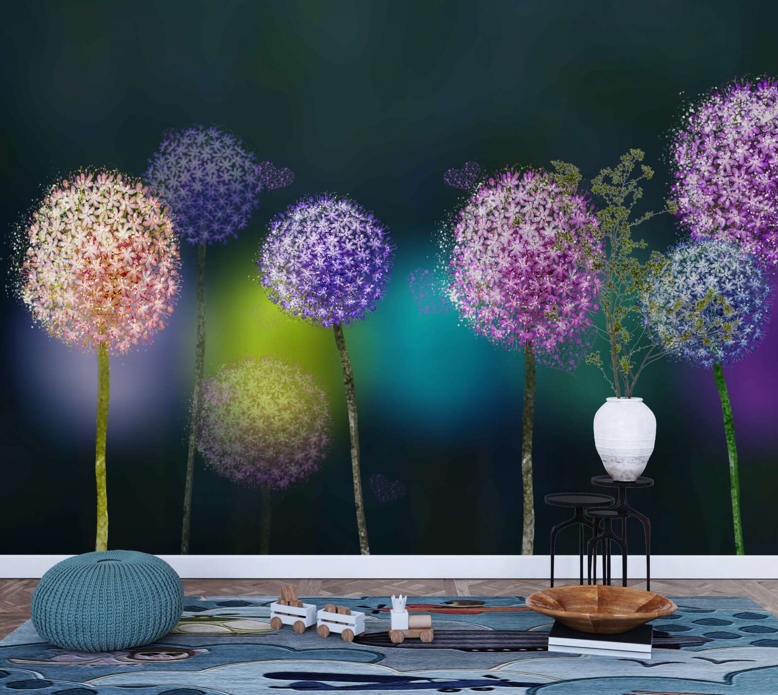 Фотошпалери абстракція кольорових кульбаб під покровом ночі