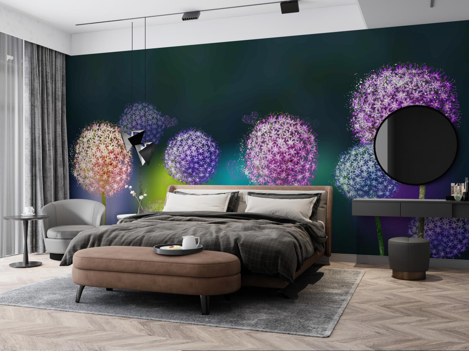 Фотошпалери абстракція кольорових кульбаб під покровом ночі