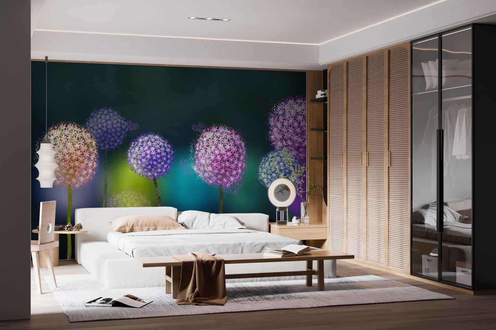 Фотошпалери абстракція кольорових кульбаб під покровом ночі