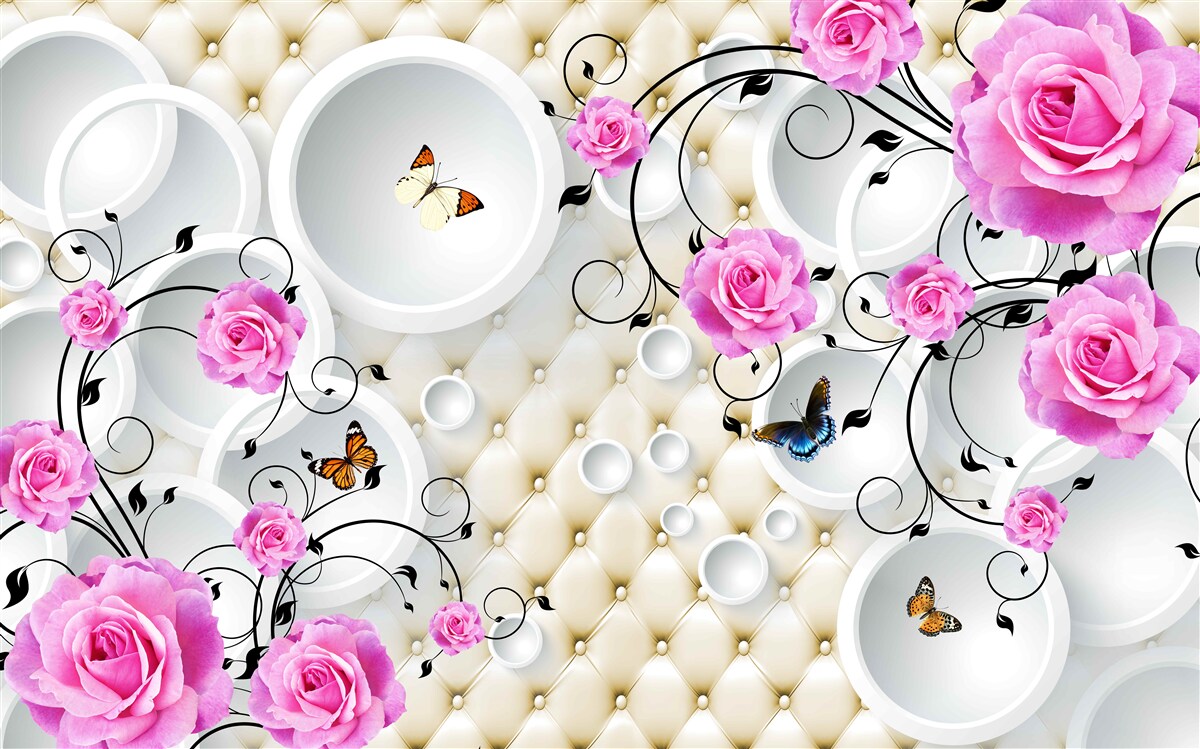 Фотошпалери рожеві троянди та метелики на тлі абстрактних кіл