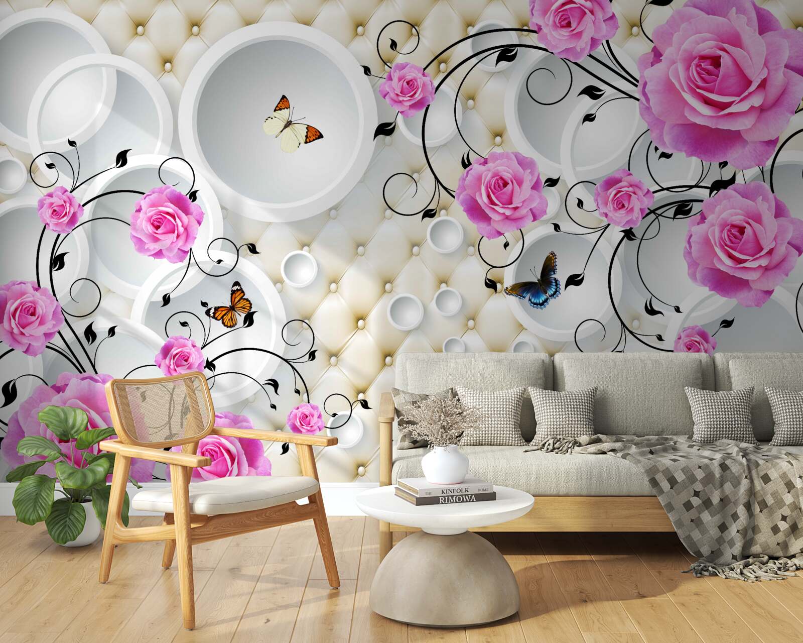 Фотошпалери рожеві троянди та метелики на тлі абстрактних кіл
