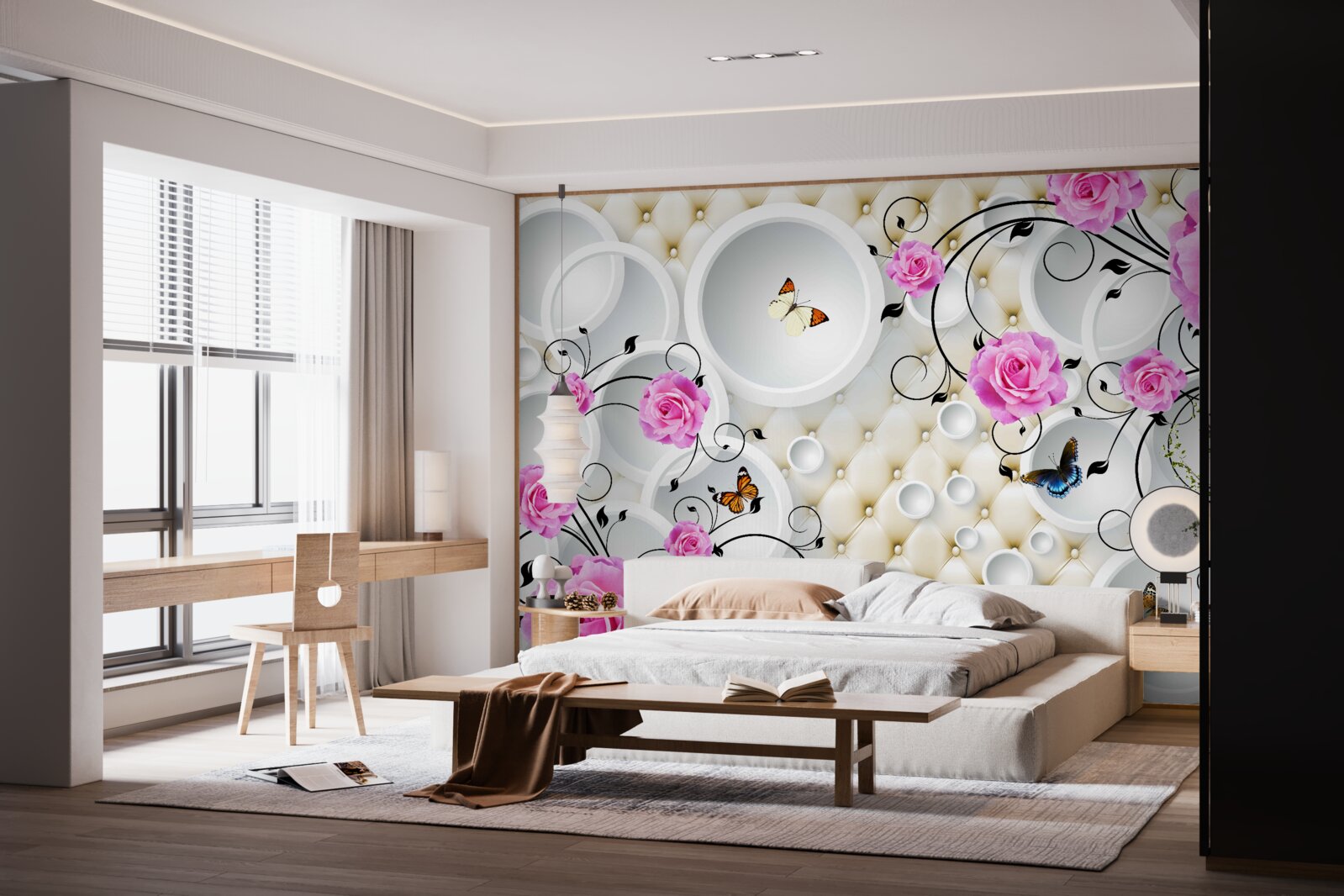 Фотошпалери рожеві троянди та метелики на тлі абстрактних кіл