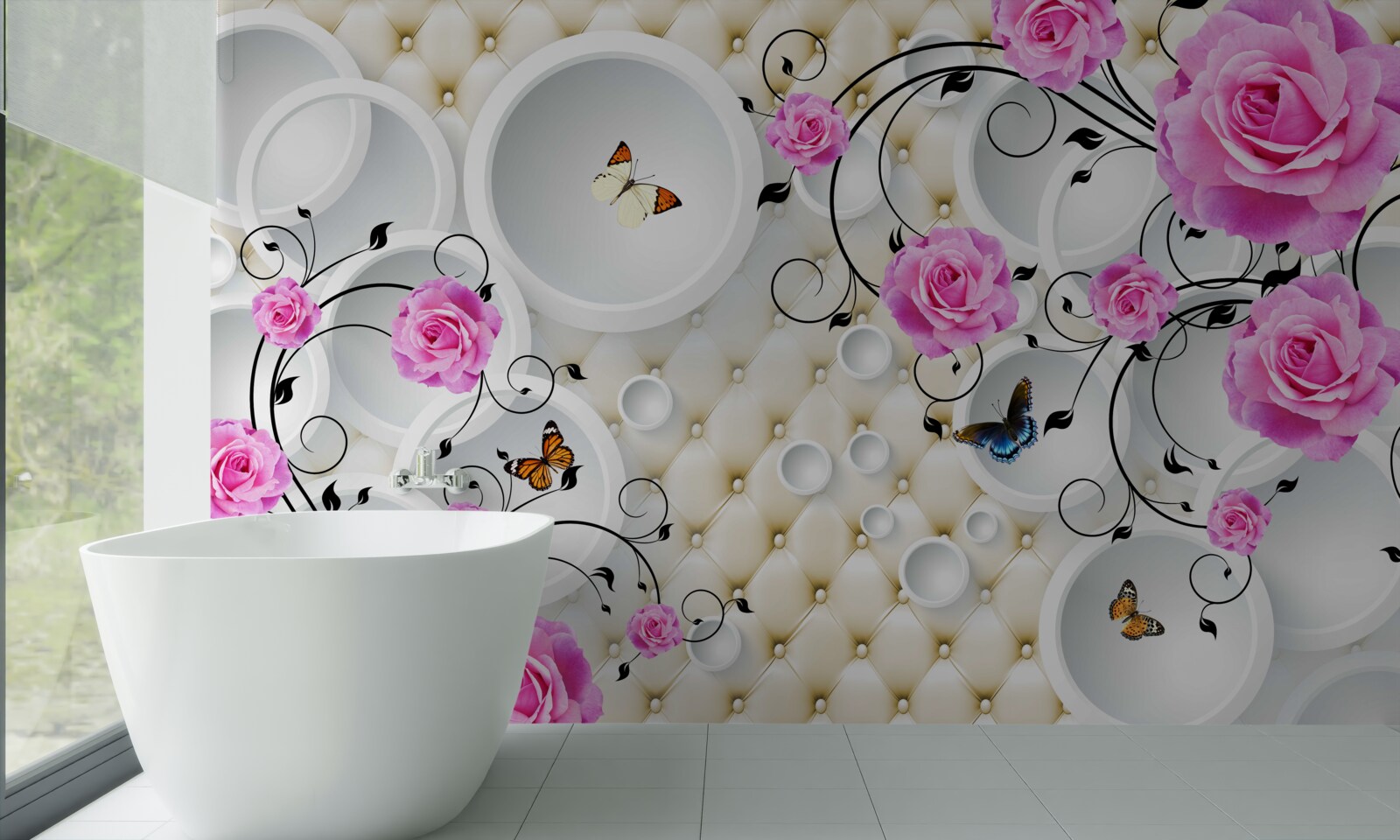 Фотошпалери рожеві троянди та метелики на тлі абстрактних кіл