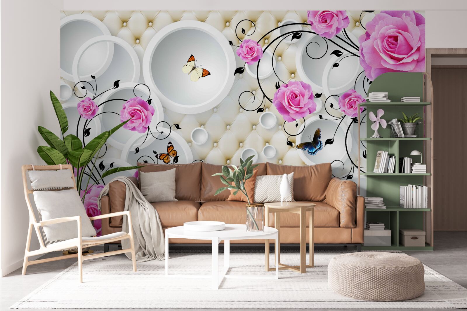 Фотошпалери рожеві троянди та метелики на тлі абстрактних кіл