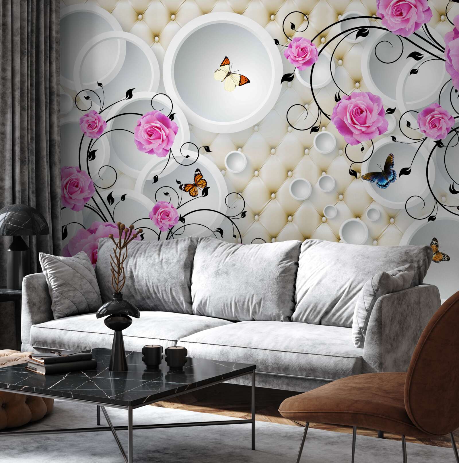 Фотошпалери рожеві троянди та метелики на тлі абстрактних кіл