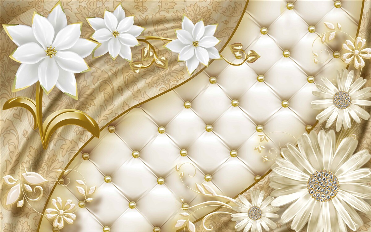 Фотошпалери тканина, оздоблена перлами, білими квітами та золотими акцентами