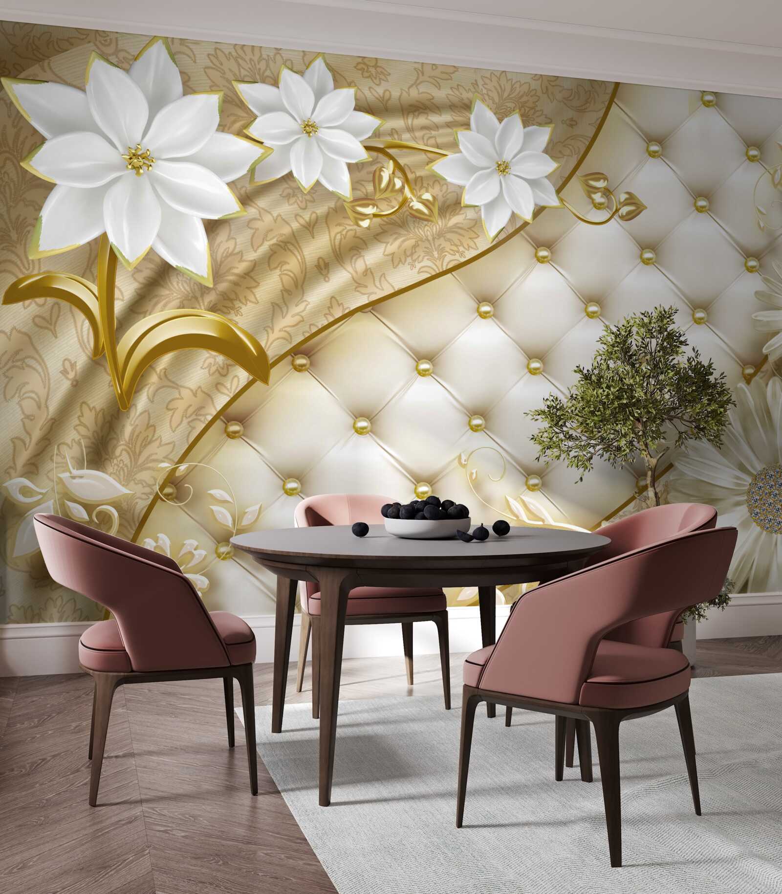 Фотошпалери тканина, оздоблена перлами, білими квітами та золотими акцентами