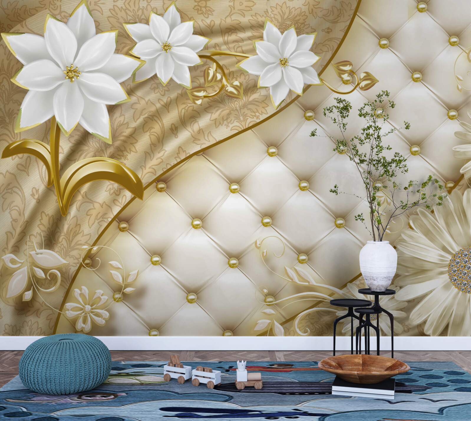 Фотошпалери тканина, оздоблена перлами, білими квітами та золотими акцентами