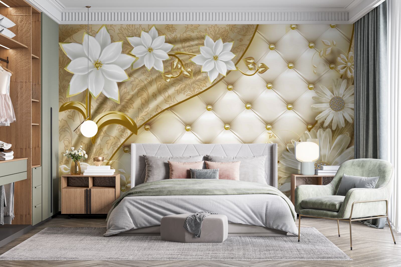 Фотошпалери тканина, оздоблена перлами, білими квітами та золотими акцентами