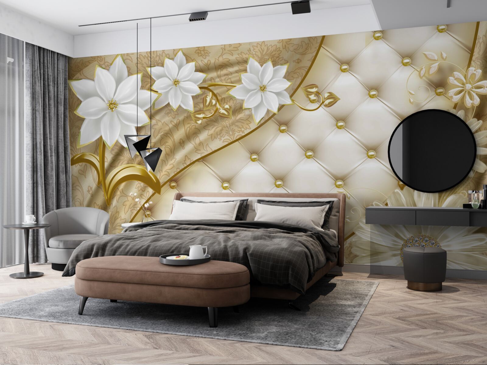 Фотошпалери тканина, оздоблена перлами, білими квітами та золотими акцентами