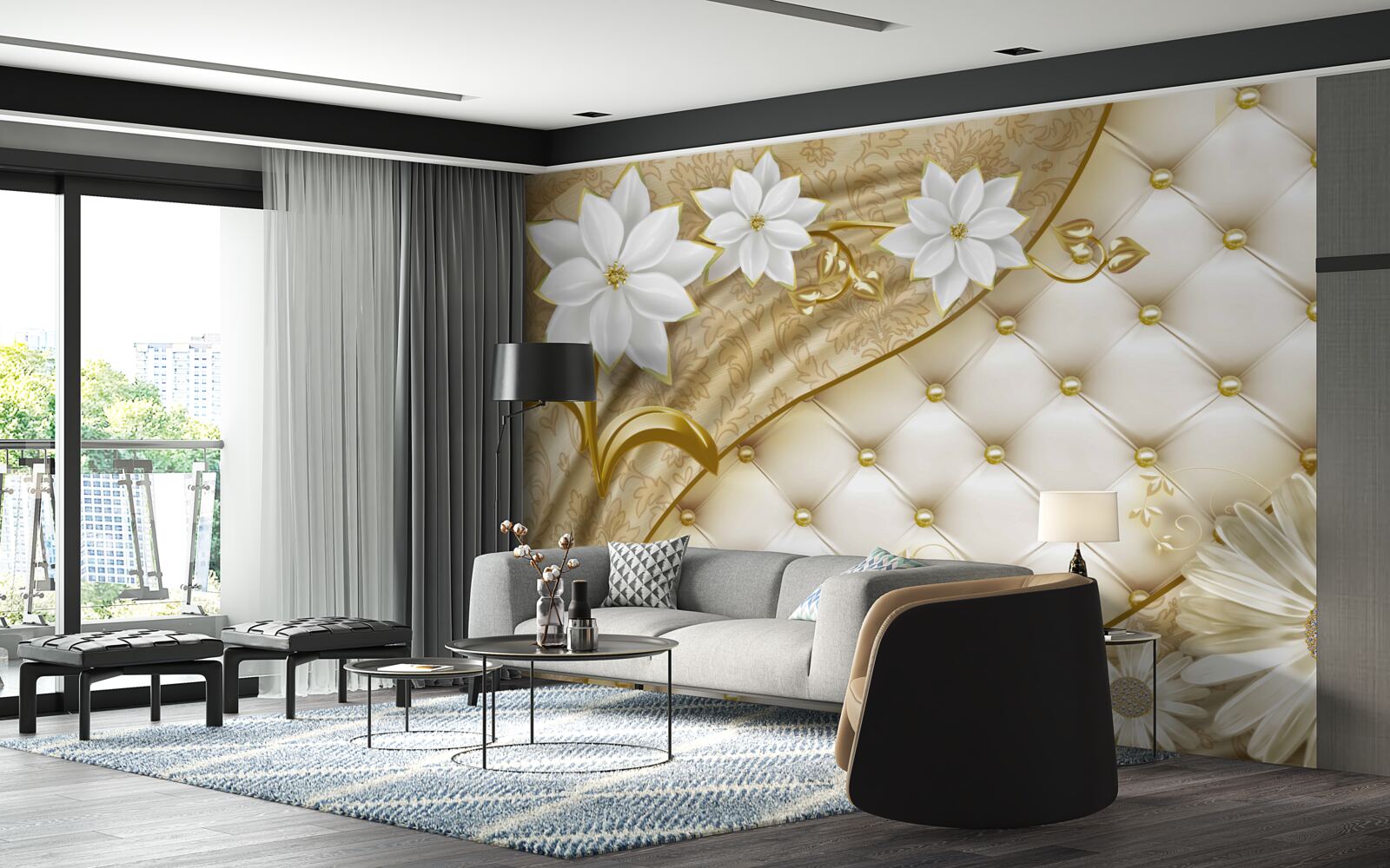 Фотошпалери тканина, оздоблена перлами, білими квітами та золотими акцентами