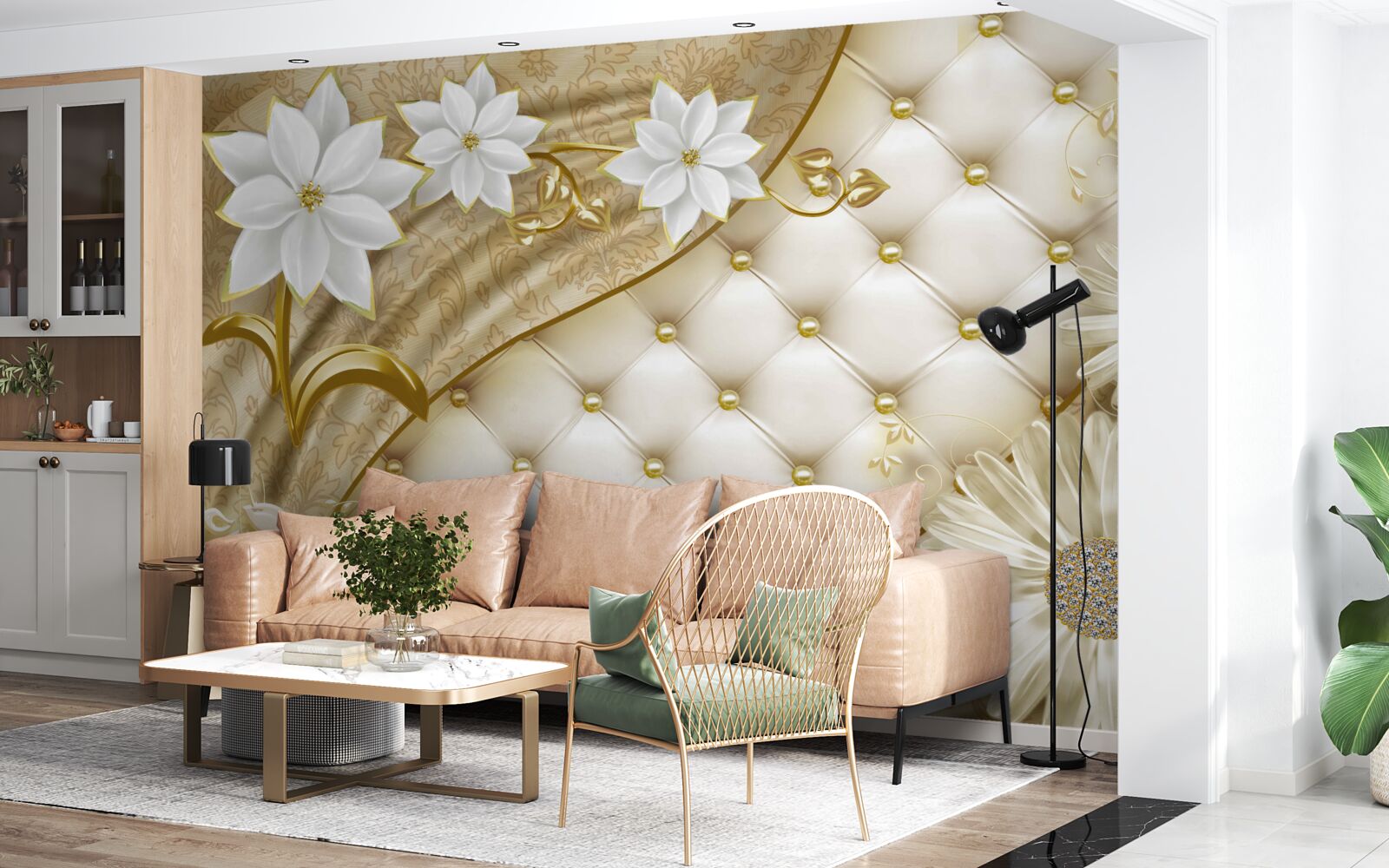 Фотошпалери тканина, оздоблена перлами, білими квітами та золотими акцентами