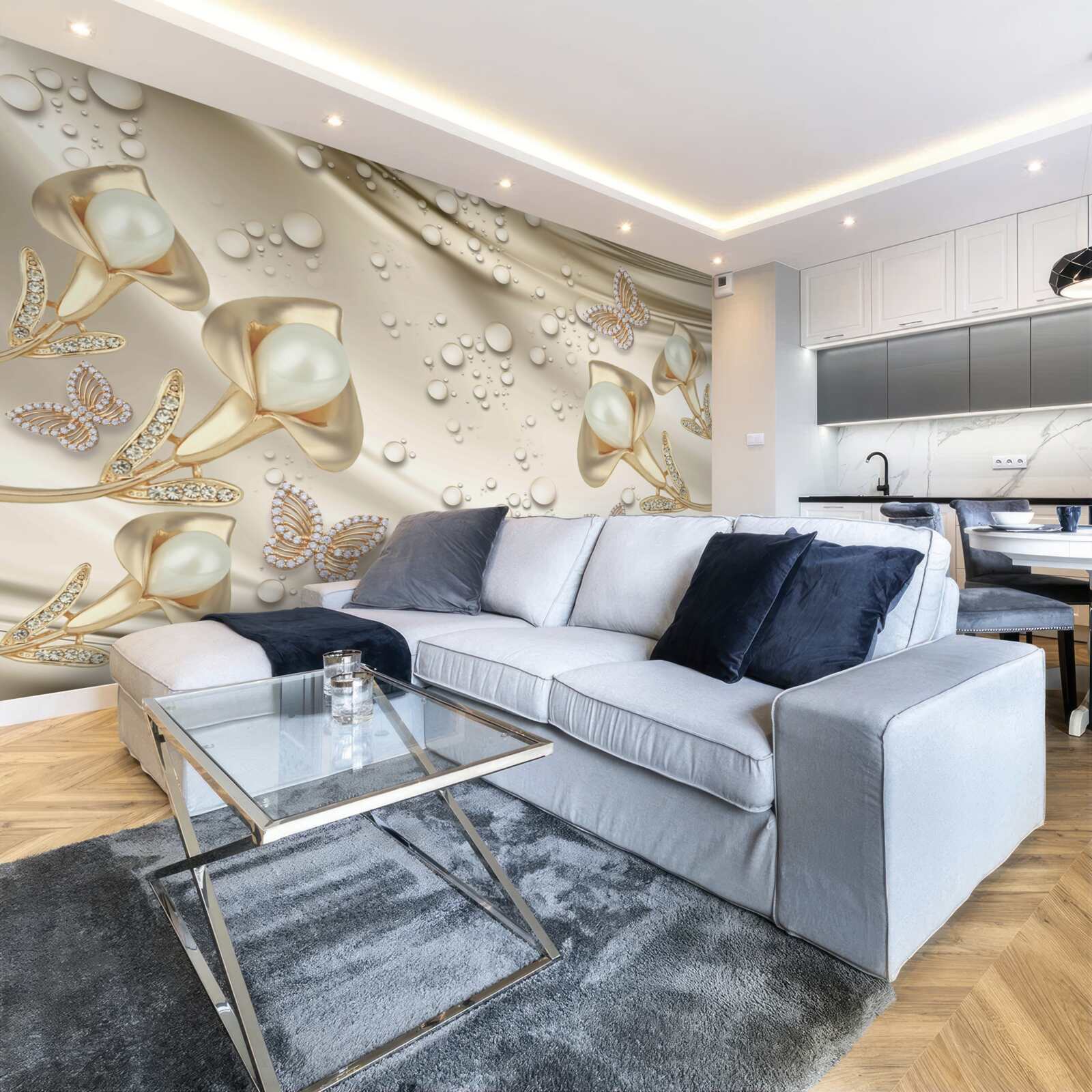 Фотошпалери перли в золотій оправі з коштовним камінням на шовковій нитці