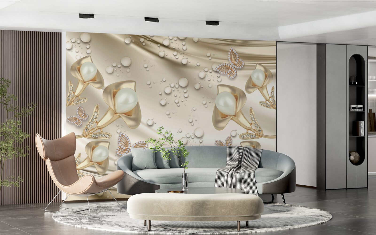 Фотошпалери перли в золотій оправі з коштовним камінням на шовковій нитці