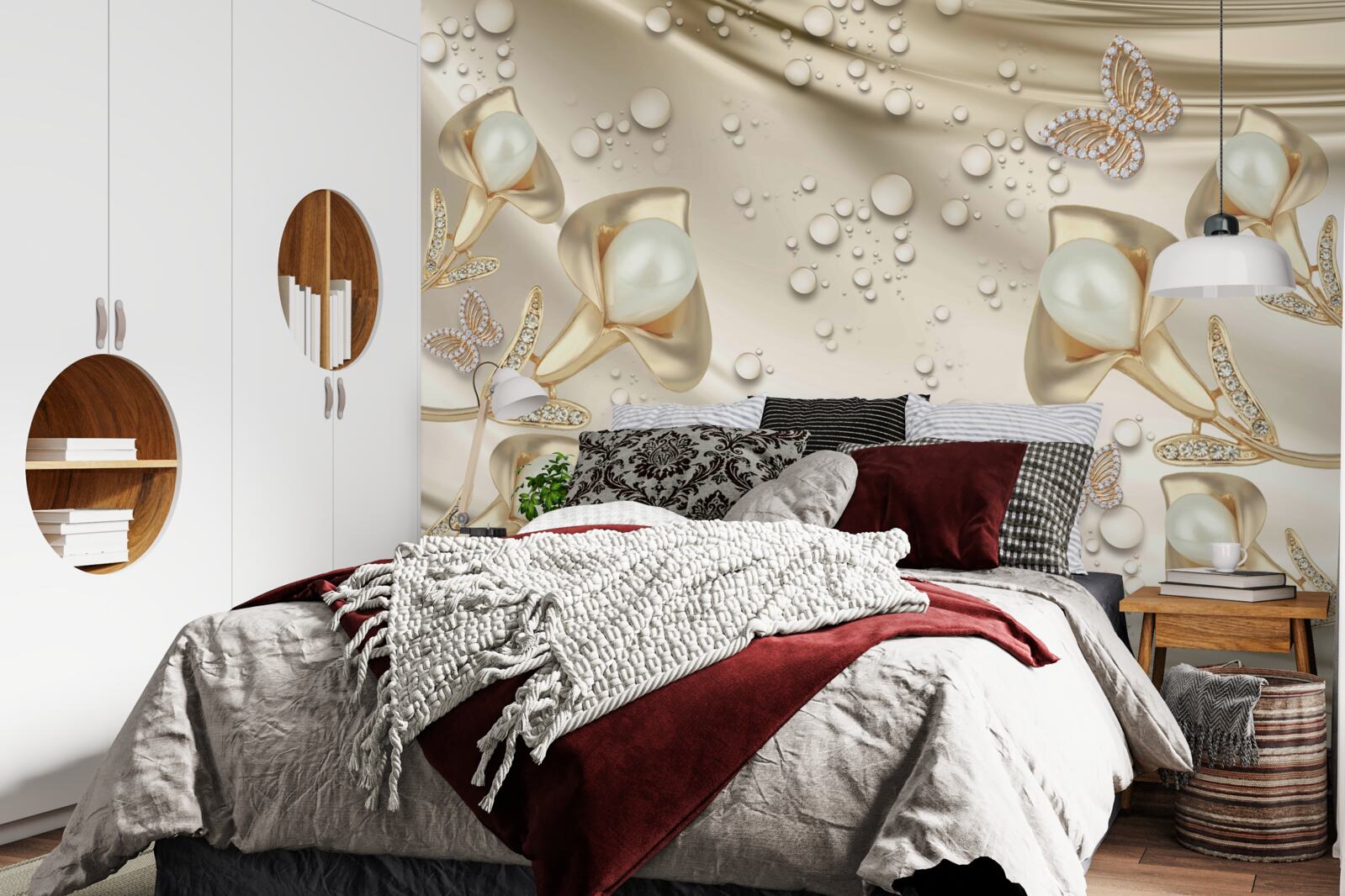 Фотошпалери перли в золотій оправі з коштовним камінням на шовковій нитці