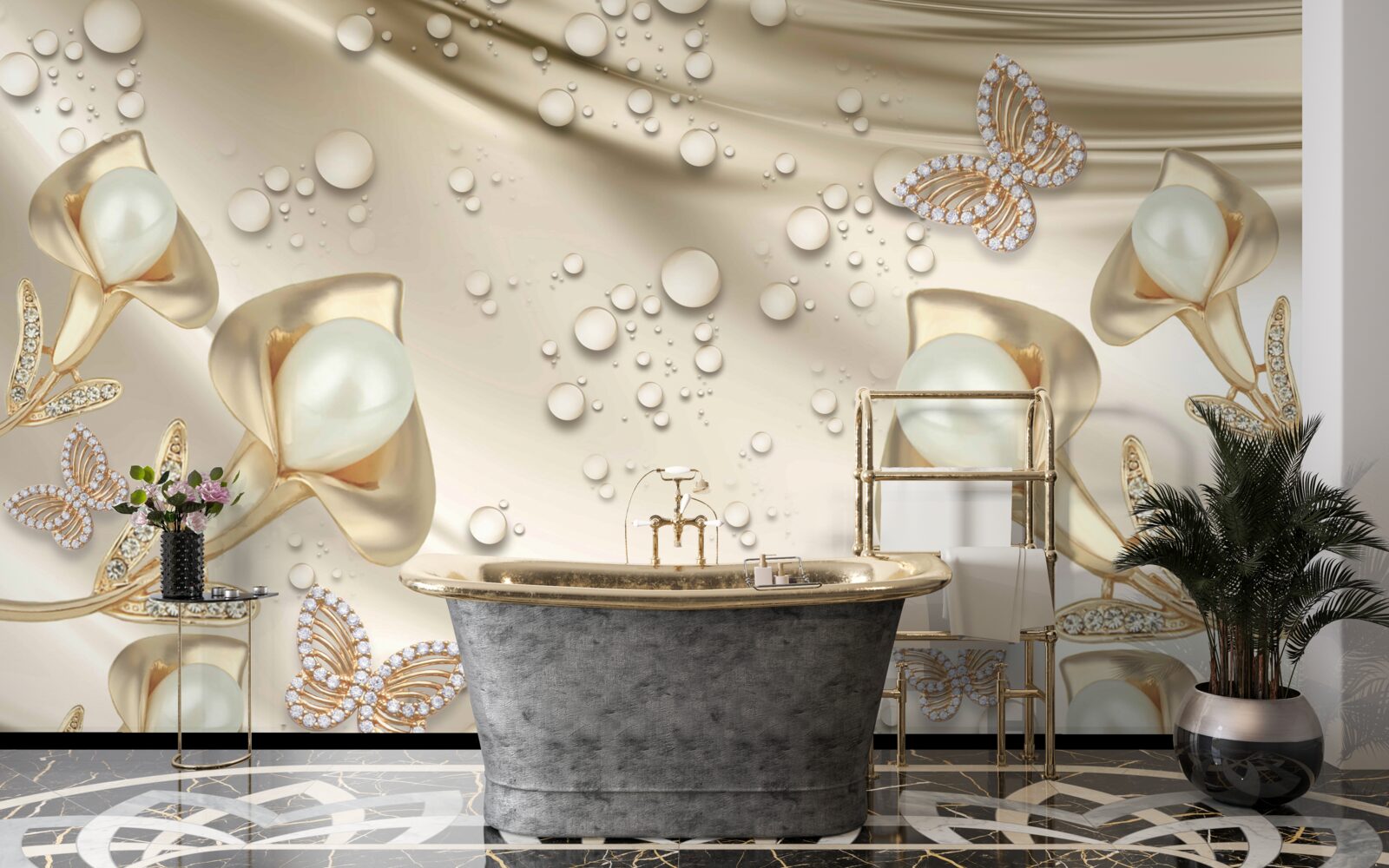 Фотошпалери перли в золотій оправі з коштовним камінням на шовковій нитці