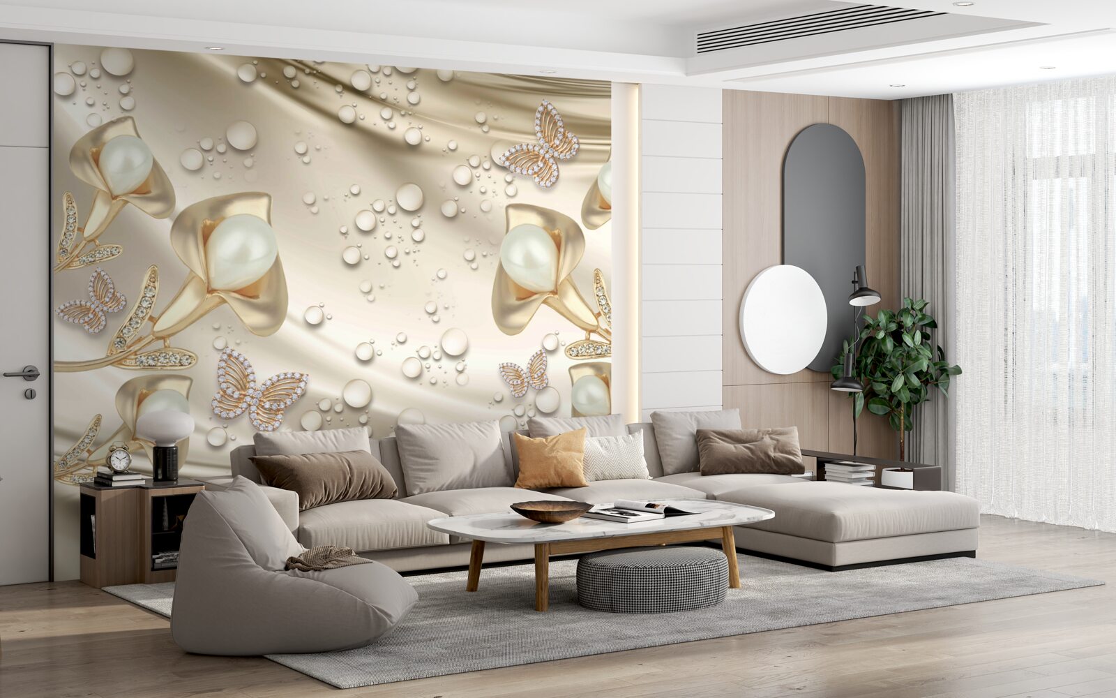 Фотошпалери перли в золотій оправі з коштовним камінням на шовковій нитці