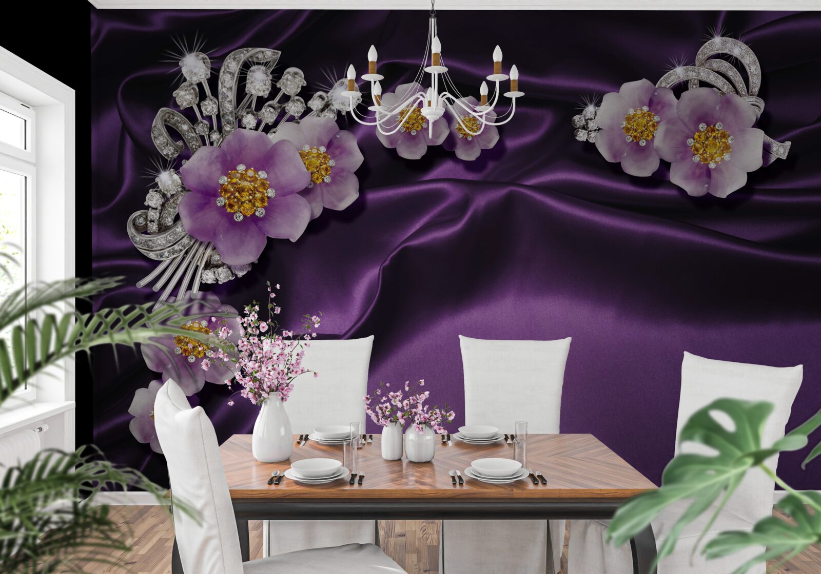 Фотошпалери Бузкові квіти на темному шовку зі срібними акцентами