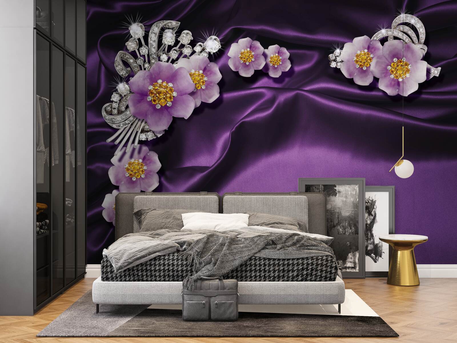 Фотошпалери Бузкові квіти на темному шовку зі срібними акцентами