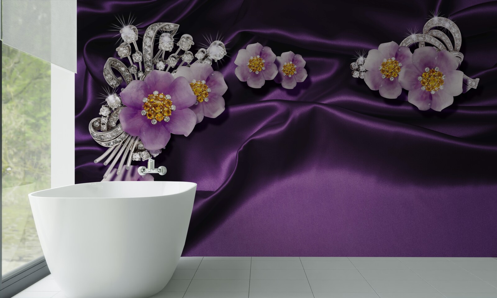 Фотошпалери Бузкові квіти на темному шовку зі срібними акцентами