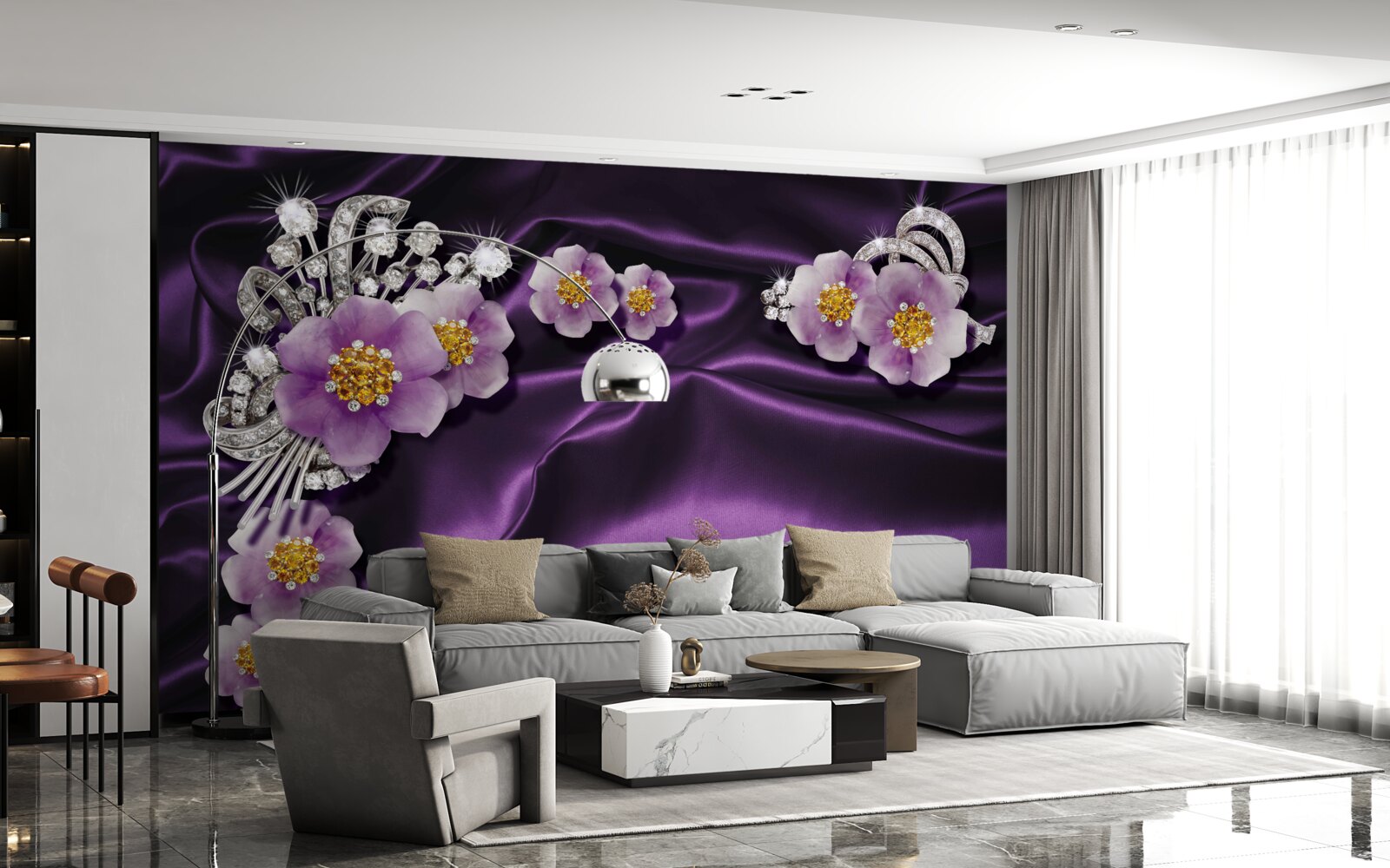 Фотошпалери Бузкові квіти на темному шовку зі срібними акцентами