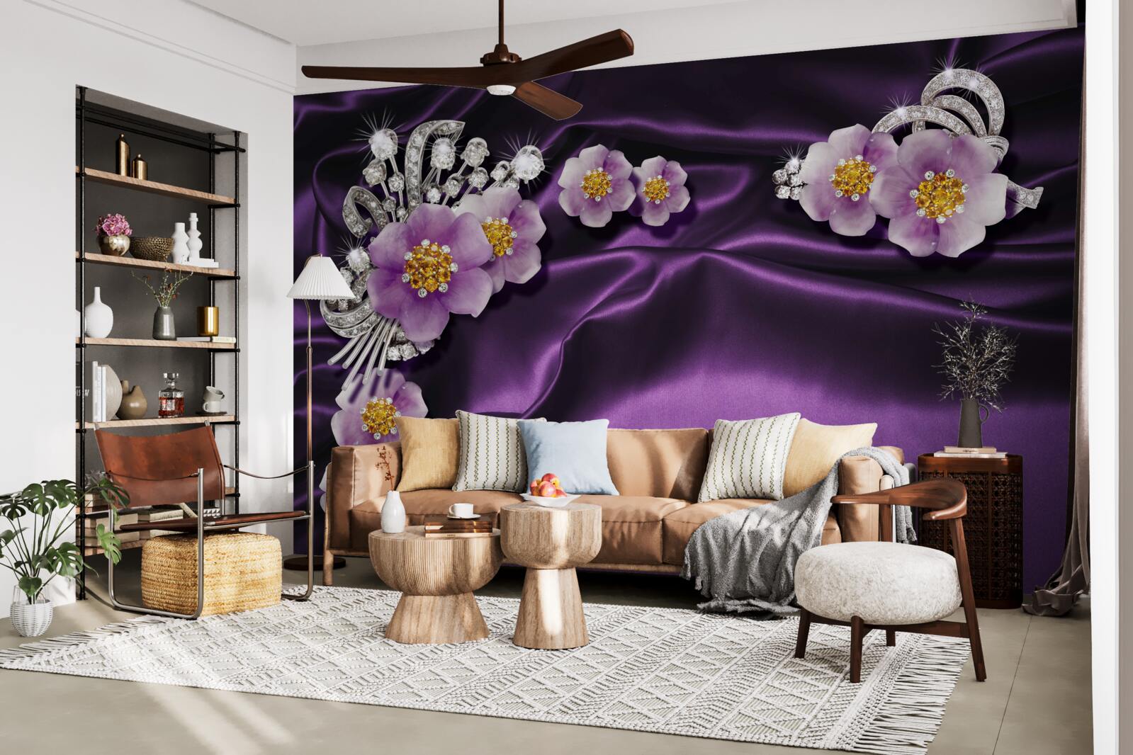 Фотошпалери Бузкові квіти на темному шовку зі срібними акцентами