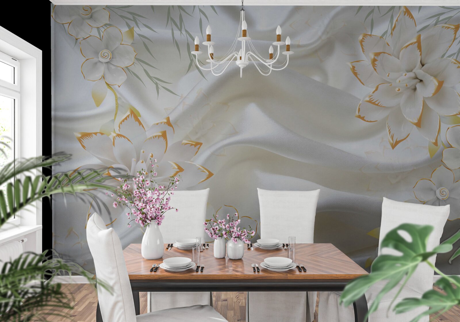 Фотошпалери золоті візерунки та квіти на білому шовку