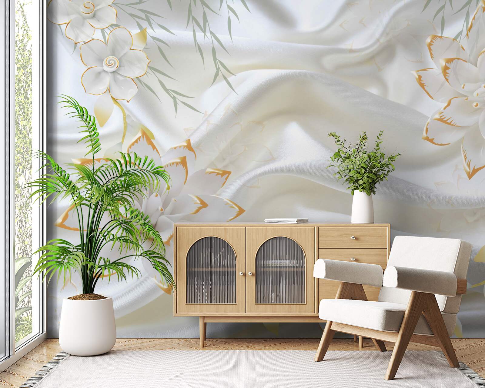 Фотошпалери золоті візерунки та квіти на білому шовку