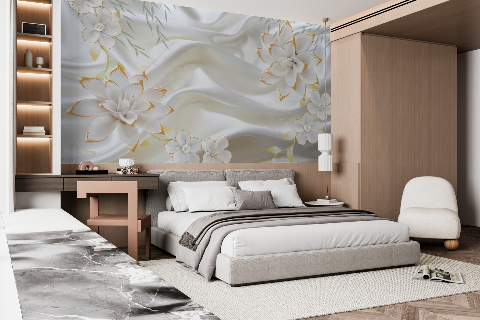 Фотошпалери золоті візерунки та квіти на білому шовку